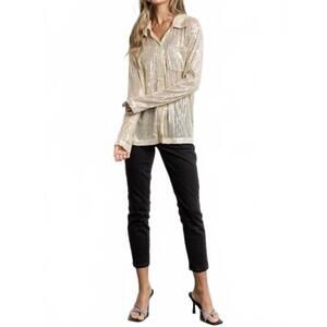NEW KIWI sequined button down long sleeve mesh blouse shirt in gold